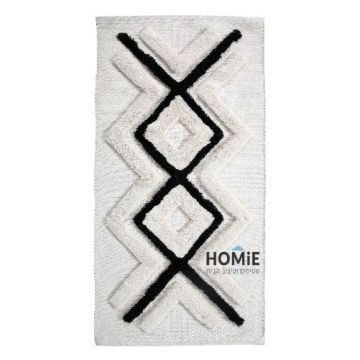 שטיח בוהו שיק אתני כותנה גיאומטרי מודרני זיגזג מעויינים שחור אוף וויט דגם רובי 04. השטיח היוקרתי יתאים בעיקר לאמבטיה אך גם לשאר חלל הבית. השטיח בעל אלמנטים אתניים (שבטיים) מיוחדים ויכניס הרבה חמימות וסטייל לכל מקום בו יונח. 