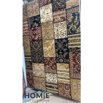 שטיח סלון פרסי קלאסי דגם אפולו, טלאים פרחוניים עם מדליון, צבעים אדום, כחול ובז' - מוצג בשלמותו