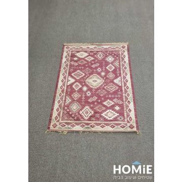 שטיח קלאסי מודרני לסלון לורד 66 פרוש על הרצפה, מבט מלא, דוגמא מדליונים אדום ושמנת עם פרנזים
