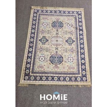 שטיח סלון קלאסי דק דגם לורד 887 עם דוגמה גיאומטרית אתנית בצבעי קרם וכחול, מבט מלא מלמעלה