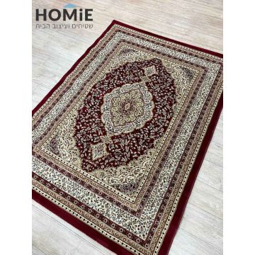 שטיח קלאסי פרחוני מדליון בצבע בורדו דגם נפוליאון, פרוס בסלון