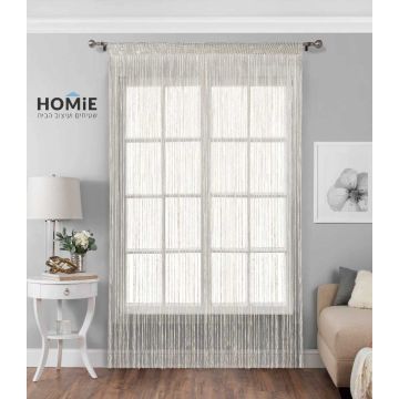 וילון חוטים בז' דקורטיבי מודרני כפרי דגם טנזניה 03. הוילון הנפלא והיוקרתי יתאים לסלון, חדר שינה, חדר ילדים, חדר משפחה ואורחים, מטבח, פינת אוכל, חדר עבודה, משרד, גן ילדים, בית ספר, מתנ"ס ואולמות אירועים.