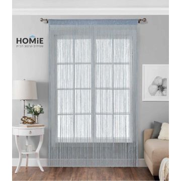 וילון חוטים אפור כסף דקורטיבי מודרני כפרי דגם טנזניה 04. הוילון הנפלא והיוקרתי יתאים לסלון, חדר שינה, חדר ילדים, חדר משפחה ואורחים, מטבח, פינת אוכל, חדר עבודה, משרד, גן ילדים, בית ספר, מתנ"ס ואולמות אירועים. 