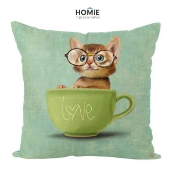 כרית נוי מדליקה ואיכותית לסלון, לחדר שינה, לחדר ילדים ושאר חלל הבית דגם חתול בתוך ספל. 