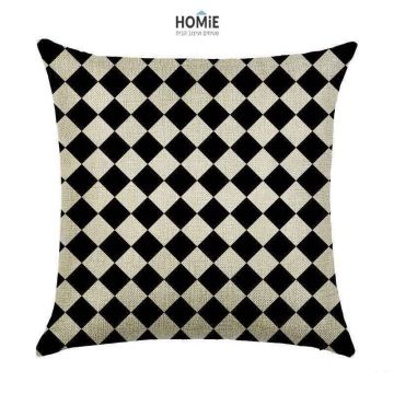 כרית נוי גיאומטרית מדליקה ואיכותית לסלון, לחדר שינה, לחדר ילדים ושאר חלל הבית דגם דמקה בצבע שחור ואוף וויט