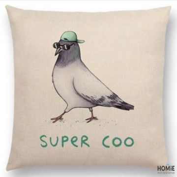 כרית נוי מדליקה ואיכותית לסלון, לחדר שינה, לחדר ילדים ושאר חלל הבית דגם יונה מגניבה בצבע טורקיז ואפור.