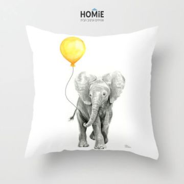 כרית נוי מדליקה ואיכותית לסלון, לחדר שינה, לחדר ילדים ושאר חלל הבית דגם פיל אוחז בלון צהוב