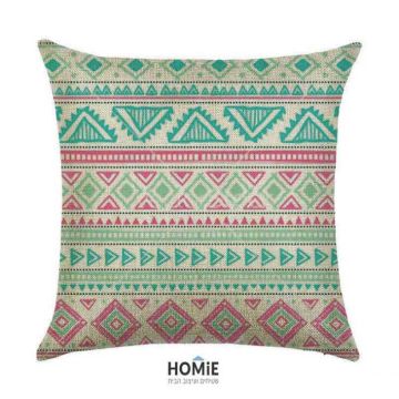 כרית נוי גיאומטרית מדליקה ואיכותית לסלון, לחדר שינה, לחדר ילדים ושאר חלל הבית בצבע ורוד, טורקיז וירוק. 