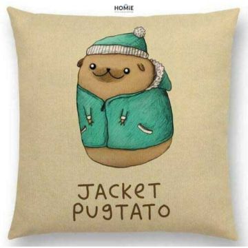 כרית נוי מדליקה ואיכותית לסלון, לחדר שינה, לחדר ילדים ושאר חלל הבית דגם כלב פאג מבצע טרנספורמציה לתפו"א בצבע טורקיז בז'. 