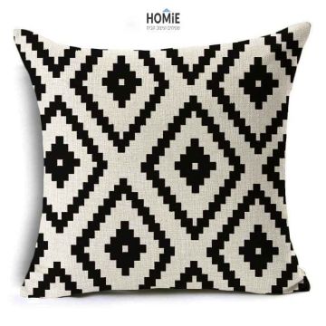 כרית נוי גיאומטרית מדליקה לסלון לחדר שינה ושאר חלל הבית דגם מעויינים שחורים בסגנון מרוקאי בצבע שחור ואוף וויט