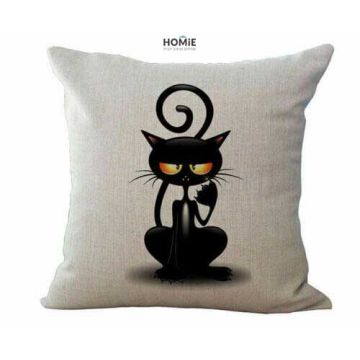 כרית נוי מדליקה ואיכותית לסלון, לחדר שינה, לחדר ילדים ושאר חלל הבית דגם חתול זומם בצבע אוף וויט ושחור. 