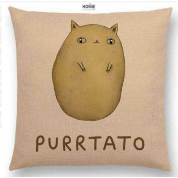 כרית נוי מדליקה ואיכותית לסלון, לחדר שינה, לחדר ילדים ושאר חלל הבית דגם ספק חתול ספק תפוח אדמה בצבע בז'.