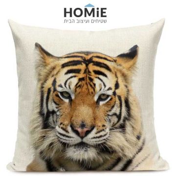 כרית נוי לסלון, לחדר שינה, לחדר ילדים ושאר חלל הבית דגם טיגריס בצבע בז', שחור ושמנת.