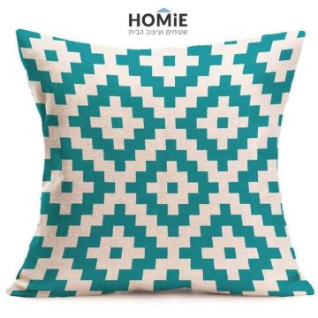 כרית נוי גיאומטרית מדליקה ואיכותית לסלון, לחדר שינה ושאר חלל הבית דגם מעויינים טורקיז