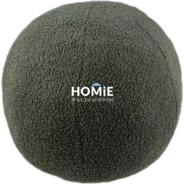 כרית נוי עגולה (כדור) דקורטיבית חלקה בוקלה ירוק מרווה דגם איתן. הכרית תתאים לסלון ושאר הבית.