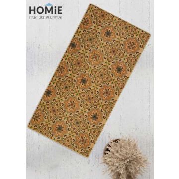 שטיח גומי טבעי וינטג' מנדלה דגם מדריד 02 במלואו כשהוא פרוס על הרצפה בזווית לצד, מדגיש את הטקסטורה והעיצוב הצבעוני