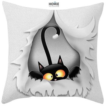 כרית נוי מדליקה ואיכותית לסלון, לחדר שינה, לחדר ילדים ושאר חלל הבית דגם חתול קרוע בצבע שחור ואוף וויט. 