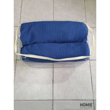 כיסוי סלון אלסטי 1+2+3 כחול ריבועים קטנים מודרני יוקרתי דגם מלניה המתאים עצמו כמו כפפה לצורה וגודל הסלון. 