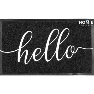 שטיח כניסה-סף לבית גומי PVC דקורטיבי מודרני Hello שחור לבן דגם מוניקה 05. השטיח יתאים לחדר לובי.