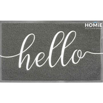 שטיח כניסה-סף לבית גומי PVC דקורטיבי מודרני Hello אפור לבן דגם מוניקה 04. השטיח היוקרתי יתאים  לחדר לובי בבניין מגורים. 
