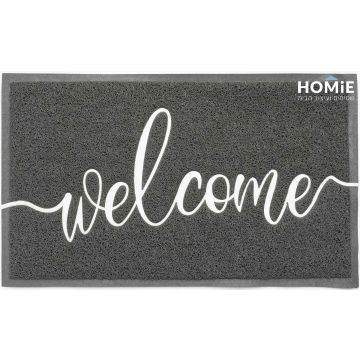 שטיח כניסה-סף לבית גומי PVC דקורטיבי מודרני אפור לבן Welcome אפור דגם מוניקה 01. השטיח מתאים גם ללובי של בנין מגורים.