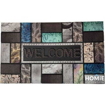 שטיח גומי עבה לכניסה לבית דגם ניו יורק 36 מבית הומי – נראה בשלמותו עם הכיתוב WELCOME ועיצוב פסיפס צבעוני בגווני חום, טורקיז ואפור