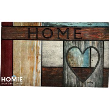 שטיח כניסה גומי עבה דגם ניו יורק 42 בגודל 45×75 ס"מ, בעיצוב קורות עץ עם כיתוב HOME ולב, נראה בשלמותו