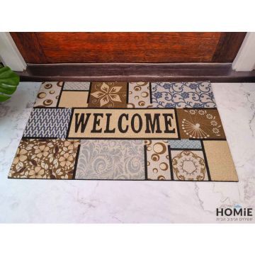 שטיח סף מודרני דגם ניו יורק 31 מונח בכניסה לבית עם כיתוב WELCOME ודוגמת טלאים פרחונית בגווני חום ובז'