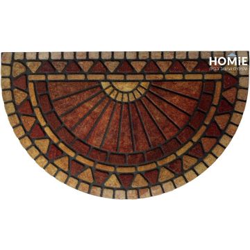 שטיח גומי עבה חצי עיגול לכניסה לבית דגם ניו יורק 37 מבית הומי – נראה בשלמותו מלמעלה עם דוגמת שמש גיאומטרית בגווני בז’ ובורדו