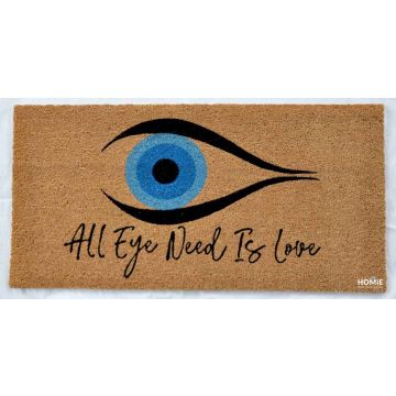 שטיח כניסה-סף דקורטיבי מודרני איכותי לבית עשוי קוקוס טבעי דגם עין כחולה All Eye Need Is Love בצבע כחול ותכלת. 