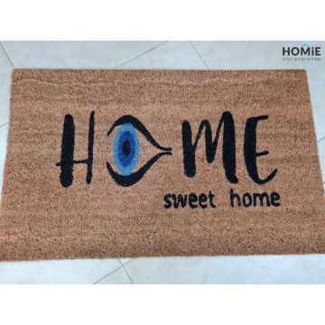 שטיח כניסה-סף דקורטיבי מודרני יוקרתי לבית דגם עין Home Sweet Home בצבע שחור כחול. השטיח עשוי 100% קוקוס טבעי