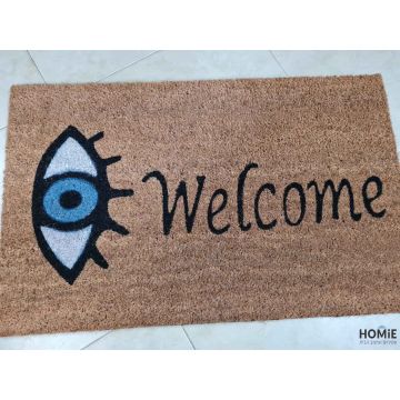 שטיח כניסה-סף דקורטיבי מודרני יוקרתי לבית דגם עין וולקאם Welcome בצבע שחור, כחול ולבן. השטיח המגניב עשוי 100% קוקוס טבעי.