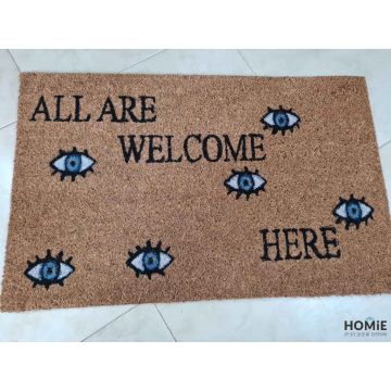 שטיח כניסה-סף דקורטיבי מודרני יוקרתי לבית דגם עיניים All Are Welcome Here בצבע שחור, כחול ולבן. השטיח עשוי 100% קוקוס טבעי.