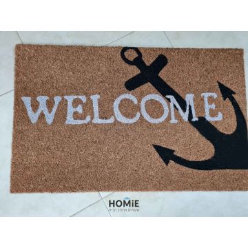 שטיח כניסה-סף דקורטיבי מודרני יוקרתי לבית דגם וולקאם Welcome עוגן בצבע שחור לבן. השטיח עשוי 100% קוקוס טבעי.