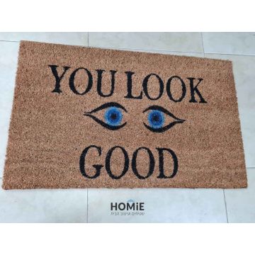 שטיח כניסה-סף דקורטיבי מודרני יוקרתי לבית דגם עיניים כחולות You Look good בצבע שחור כחול. השטיח עשוי 100% קוקוס טבעי.
