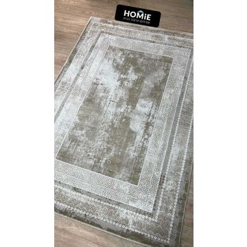 שטיח מודרני גיאומטרי-אבסטרקטי מדגם מידברן פרוש על רצפת פרקט, בצבעי בז' כהה ובז' בהיר, נראה בשלמותו