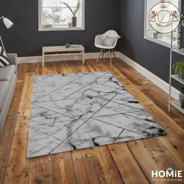 שטיח גיאומטרי אבסטרקטי מודרני שיש אפור שחור דגם אמבר 02. השטיח הייחודי מתאים לסלון, חדר שינה, חדר ילדים, מסדרון, חלל הכניסה לבית, חדר אורחים, פינת ישיבה, פינת משחקים, פינת אוכל, מטבח, חדר עבודה ומשרד. 