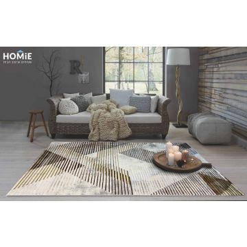 שטיח גיאומטרי אבסטרקטי מודרני צורות דגם לאורה 01 בצבעי חום, בז', אפור ושמנת. 