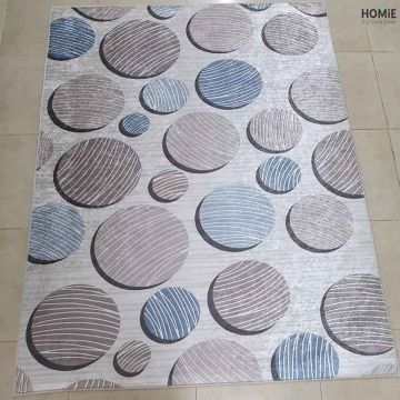 שטיח גיאומטרי אבסטרקטי מודרני איכותי עיגולים מקושקשים תלת מימד דגם מסאי 778 בצבע חום, כחול, בז' ותכלת. 