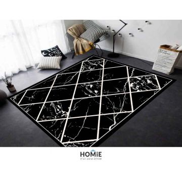 שטיח גיאומטרי אבסטרקטי מעויינים מודרני יוקרתי דגם ג'וליה 60A בצבע שחור לבן. השטיח המהודר מתאים לסלון, לחדר שינה, לחדר ילדים, לאמבטיה, למטבח, למסדרון, לפינת אוכל, לפינת משחקים, לחדר עבודה ולמשרד.