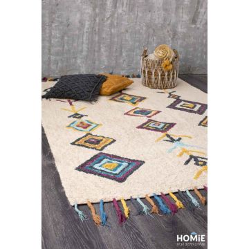 שטיח כותנה גיאומטרי שבטי (אתני) צבעוני מעויינים עבודת יד דגם מארלי. 