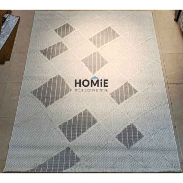 שטיח לסלון בוהו כפרי גיאומטרי מודרני מרובעים לולאות לבן אפור דגם שוודיה 02.