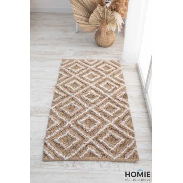 שטיח כותנה גיאומטרי מודרני מעויינים בז' דגם סאקורה 03. השטיח היוקרתי בסגנון הכפרי יתאים לסלון ושאר חלל הבית.