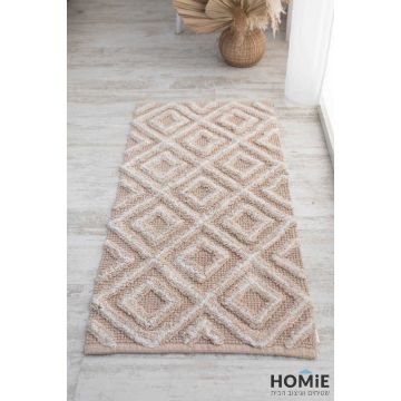 שטיח כותנה גיאומטרי מודרני מעויינים שמנת אבן דגם סאקורה 02. השטיח היוקרתי הכפרי יתאים לסלון ושאר הבית.