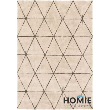 שטיח מודרני גיאומטרי דגם 85/54 בגווני אוף־וויט ואפור עם דוגמת משולשים ומעויינים בסגנון בוהו שיק - מתאים לסלון - מצולם בשלמותו