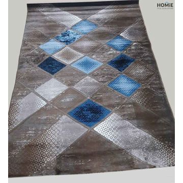 שטיח גיאומטרי מודרני איכותי מעויינים תלת מימד בצבע חום, כחול, תכלת ואפור דגם אוליבר 680. 