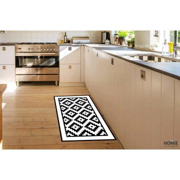 שטיח ויניל גיאומטרי פי וי סי (PVC) לינולאום שחור לבן מעויינים דגם אקפולקו.