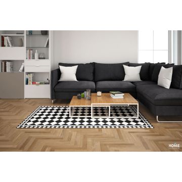 שטיח ויניל גיאומטרי פי וי סי (PVC) לינולאום שחור לבן מעויינים דגם דמקה. השטיח הדקורטיבי מתאים לסלון, לחדר שינה, לאמבטיה, לחדר ילדים, למטבח, לכניסה, לגינה, למשרד ועוד.