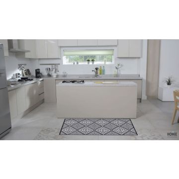 שטיח גיאומטרי פי וי סי (PVC) שחור לבן מעויינים וינטג' דגם סלוניקי