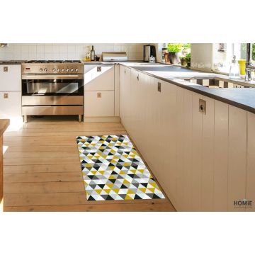 שטיח ויניל גיאומטרי פי וי סי (PVC) לינולאום מעויינים מודרני דגם קימברלי בצבע שחור, חרדל ואפור. 
